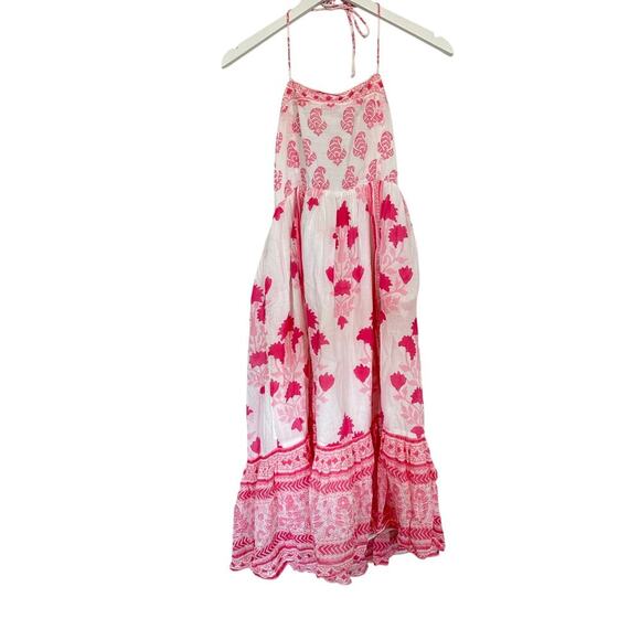 Oliphant Jaipur Medium Pink Floral Halter Smocked Midi Dress Cotton Boho Vacay - Picture 2 of 13